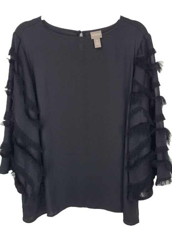 Chico's Tops - Chicos Fringe Bell Sleeve Top Size 3 (XL) Boat Neck Chiffon Black Blouse